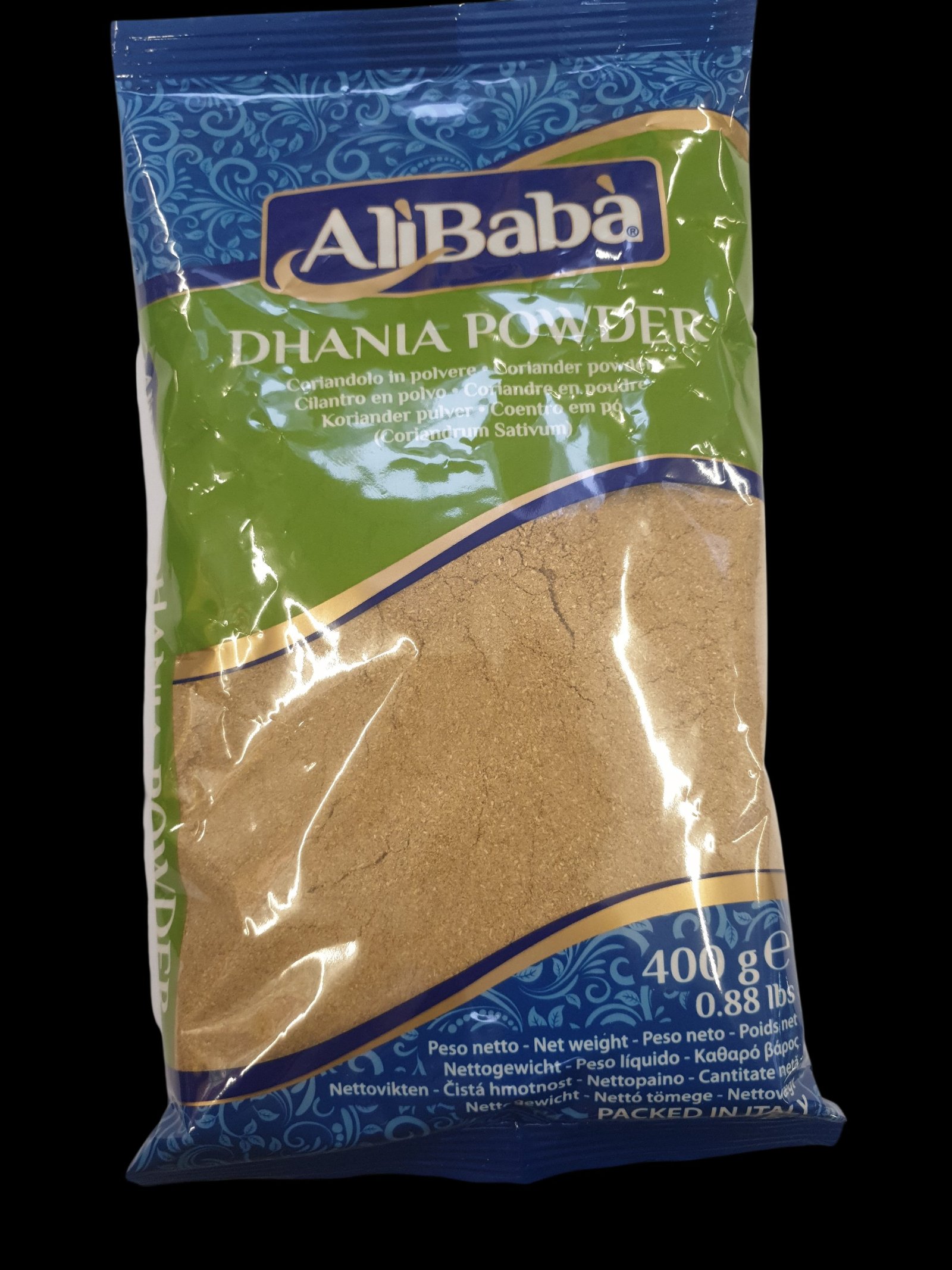 DHANIA POWDER : Alibaba : 400gmCoriandolo in polvere.Coriander powderCilantro en polvo. Coriandre en poudreKoriander pulver. Coentro em pó(Coriandrum Sativum)