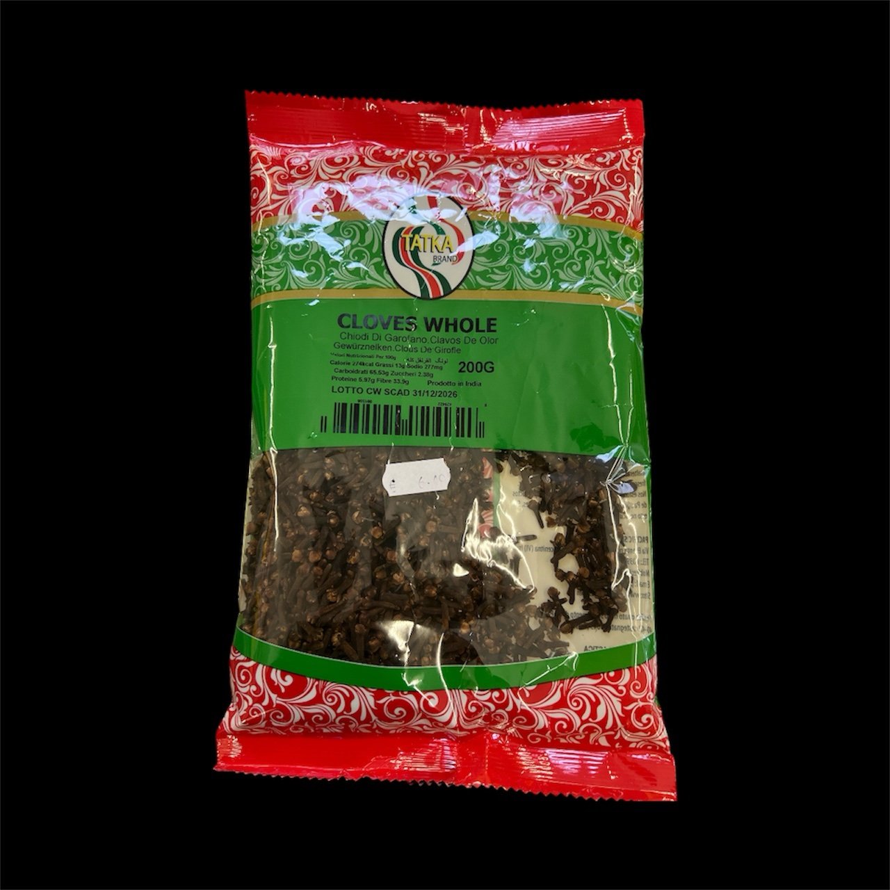 CLOVES WHOLE - 200gm, TATKAChiodi Di Garofano. Clavos De OlorGewürznelken.Clous De GirofleValori Nutrizionali Per 100gلونك القرنفل كلهCalorie 2/4kcal Grassi 13g Sodio 277mg
