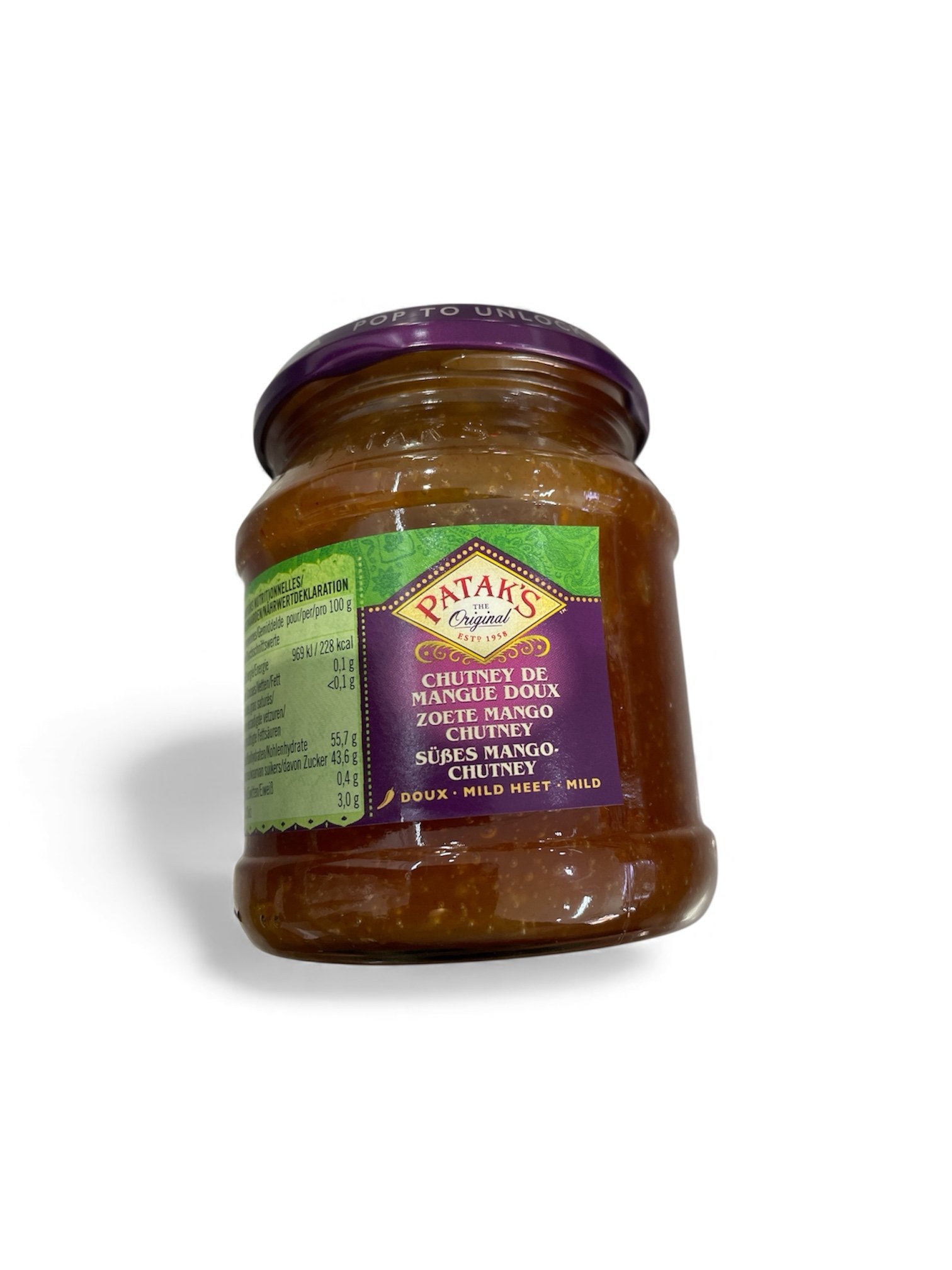 CHUTNEY DE : Patak‘s : 340 g MANGUE DOUX ZOETE MANGOCHUTNEYSÜBES MANGOCHUTNEYDOUX • MILD HEET MILD