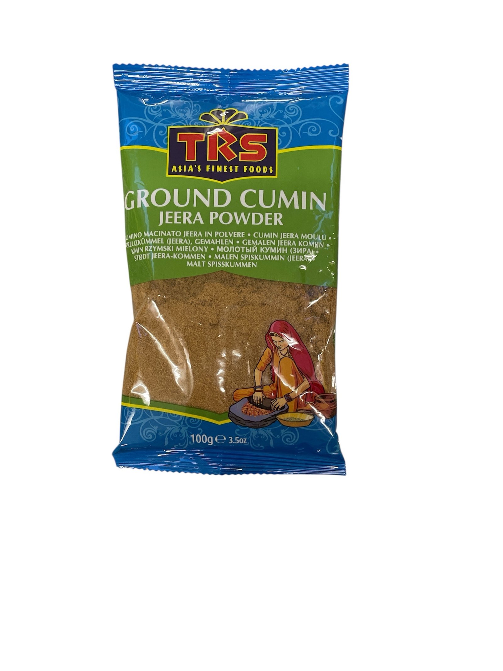 TRS Asian‘s Finest Foods • Ground Cumin • JEERA POWDERCUMINO MACINATO JEERA IN POLVERE • CUMIN JEERA MOULUKREUZKÜMMEL (JEERA), GEMAHLEN • GEMALEN JEERA KOMIJN •KMIN RZYMSKI MIELONY • МОЛОТЫЙ КУМИН (ЗИРА) : Net WT 100 g